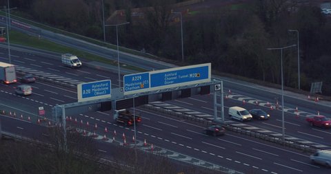 Aylesford, Kent / United Kingdom (UK) - 12 13 2018: M20, Kent / UK-13 December 2018: Aerial view of the M20 motorway J5 (Aylesford) in the evening rush hour traffic.