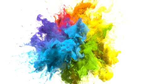 Color Burst iridescent multicolored colorful rainbow smoke powder explosion fluid ink particles slow motion alpha matte isolated on white 库存视频