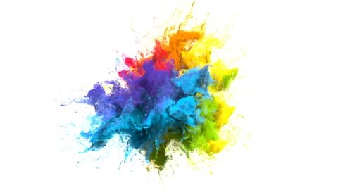 Color Burst iridescent multicolored colorful rainbow smoke powder explosion fluid ink particles slow motion alpha matte isolated on white