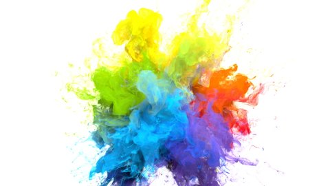 Color Burst iridescent multicolored colorful rainbow smoke powder explosion fluid ink particles slow motion alpha matte isolated on white