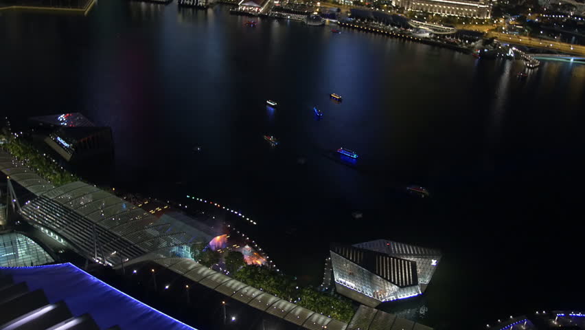 Nighttime view from above of the fountain in Marina Bay in Singapore. 