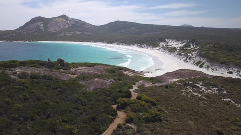 Aerial view of the lucky bay in the australian cape le grand national park. Clear water, beautiful sandy beaches, rugged rocks and wild kangaroo adorn this idyllic landscape