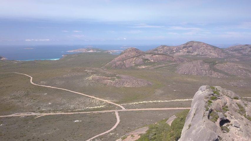 Aerial view of the lucky bay in the australian cape le grand national park. Clear water, beautiful sandy beaches, rugged rocks and wild kangaroo adorn this idyllic landscape