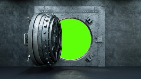 Opening Of The Vault Door In Bank on a green background