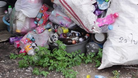 Banmai, Phitsanulok / Thailand - 12 29 2018: Pan up Recycling Bag Full of Plastic Waste at Banmai