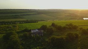 Slow Aerial shot flying over a green field during sunset