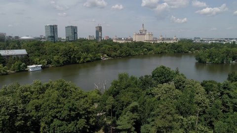 Aerial footage of the city of Bucharest at the House of Free Press and Herastrau Park