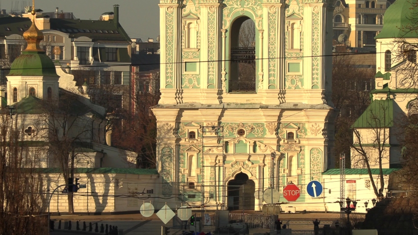Sofia bell tower of Saint Sophia Cathedral in Kiev at sunny spring day, Kiev, Ukraine, 4k footage video