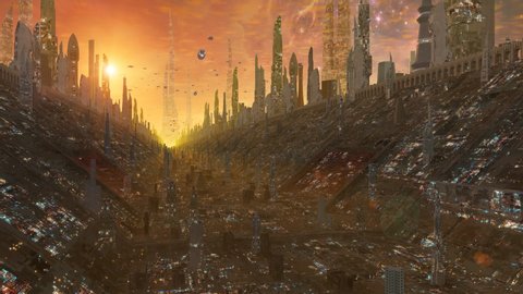 3D Flying Through Massive Future City Sci-Fi Background