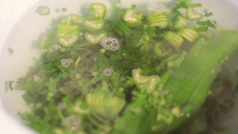 Vegetables chopped up in warm water bowl and steam.