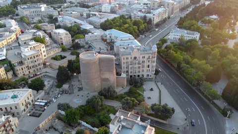 Baku / Azerbaijan - May 2019: Maiden Tower in Baku, Old Town. Famous Landmark of Azerbaijan. Aerial view