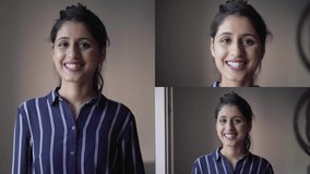 Collage of medium and close up shots of pretty young woman in dark blue striped dress standing at window inside, looking at camera, posing, smiling, crossing hands. Lifestyle concept