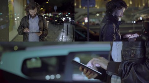 Collage of medium and close up shots of handsome young Caucasian man with beard in leather jacket walking outside at night, typing on tablet. Front and side views. Work, communication concept