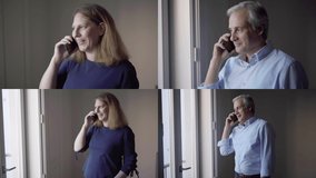 Collage of good looking middle-aged Caucasian woman and man talking on phone in living room, looking aside, behaving emotionally. Lifestyle, communication concept