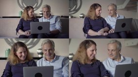 Collage of smiling middle-aged Caucasian couple sitting on sofa in living room, holding laptop on knees, googling, talking. Modern technology, communication concept