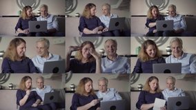 Collage of smiling middle-aged Caucasian couple sitting on sofa in living room, finding goods, celebrating, paying online with credit card, waving hands. Modern technology, online shopping concept