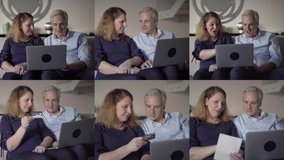 Collage of smiling middle-aged Caucasian couple sitting on sofa in living room, finding goods, celebrating, paying online with credit card. Modern technology, online shopping concept