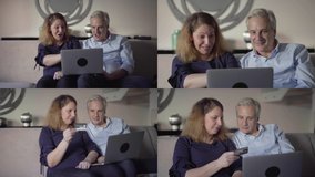 Collage of smiling middle-aged Caucasian couple sitting on sofa in living room, finding goods, rejoicing, clapping hands, paying online with credit card. Modern technology, online shopping concept