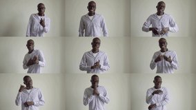 Collage of medium shots of smiling thin Afro-american man in striped shirt standing inside, posing, having fun, gesticulating, dancing, clapping hands, showing call me sign. Lifestyle concept