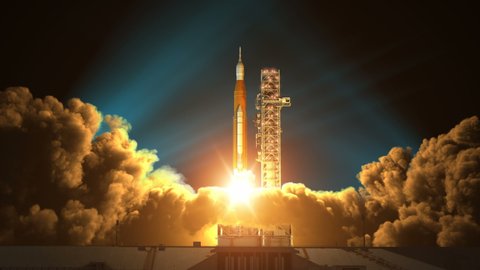 Night Takeoff Of Space Launch System. Slow Motion. 3D Animation. 4K. Ultra High Definition. 3840x2160.