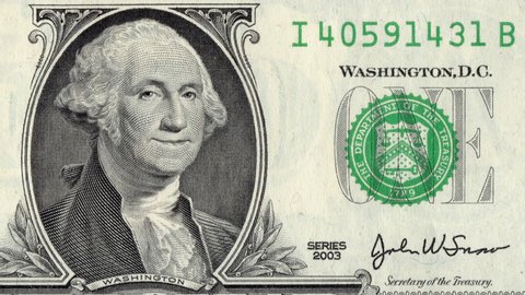 4K. Animation Of Zoom In To Close-up Of George Washington Grimacing And Showing Tongue On US One Dollar Bill.