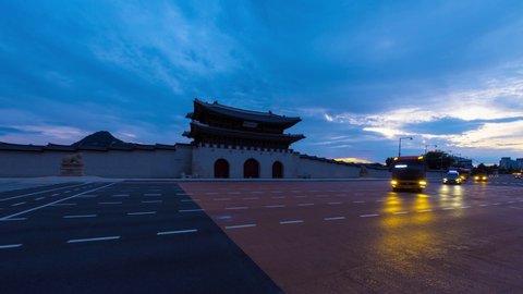 Seoul city morning place of front gyeongbokgung Palace sunrise and traffic, seoul, south korea