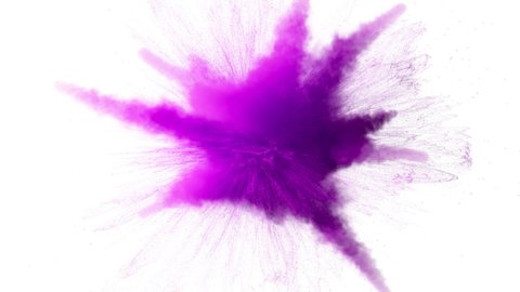 Super slow motion of purple colored powder explosion isolated on white background. Super slow motion 3d render