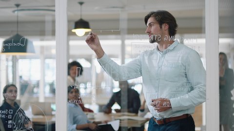 young businessman writing on glass whiteboard team leader training colleagues in meeting brainstorming problem solving strategy sharing ideas in office presentation seminar 4k