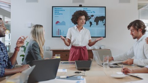 business people meeting in boardroom mixed race team leader woman presenting financial strategy with graph data on tv screen briefing colleagues discussing ideas in office presentation