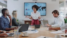 business people meeting in boardroom mixed race team leader woman presenting financial strategy with graph data on tv screen briefing colleagues discussing ideas in office presentation - Powered by Shutterstock - Get 15% off with code: PIKWIZARD15