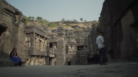 Video footage taken in the complex of Ellora caves and temples. Ellora Aurangabad Maharashtra India 15 december 2017.