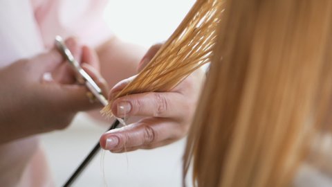 Closeup of hairdresser making haircut to woman with scissors in hair salon. haircut process. Haircut bleached hair.