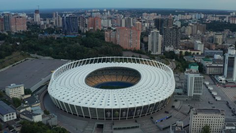 Kiev, Ukraine-July 2019: Olympic Stadium in Kiev. Historical sights of Ukraine. Aerial view drone view