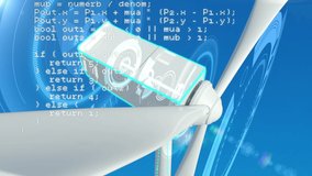 Digital animation of a wind turbine with rotating blades and digital circles. White program codes move in the foreground. - Powered by Shutterstock - Get 15% off with code: PIKWIZARD15