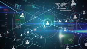 Digital animation of profile icons in circles connected by asymmetrical lines while background shows different graphs with data and a world map. Asymmetrical lines with futuristic symbols move in the - Powered by Shutterstock - Get 15% off with code: PIKWIZARD15