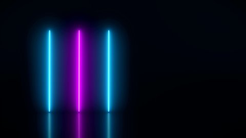 Video animation of glowing vertical neon lines in blue and magenta on reflecting floor. - Abstract background - laser show