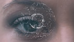 Digital animation of a digital globe surrounded by asymmetrical lines and dots while rotating and background of an eye blinking. - Powered by Shutterstock - Get 15% off with code: PIKWIZARD15
