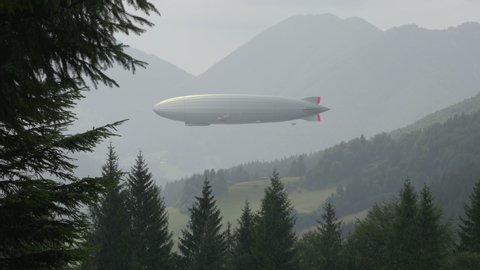 Big zeppelin airship in landscape with forest hills. Legendary huge flying balloon flies through mountain valley, spruces in foreground. Long zeppelin, huge gigantic airship with spinning propellers