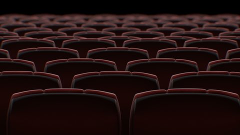 Moving Behind the Chairs in Abstract Cinema Hall with Black Screen Seamless. Looped 3d Animation of Rows of Seats in Cinema. Art and Media Concept. 4k Ultra HD 3840x2160.