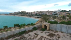Aerial view of view of the concrete walls of the military Fort on the beach in Tarragona, Spain.