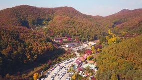Aerial video of autumn season at Waujeongsa temple located in Yongin city, South Korea.
