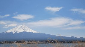 Natural landscape view of Fuji Volcanic Mountain with the lake Kawaguchi in foreground 4K UHD video movie footage short