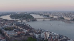 Aerial video shows downtown Budapest, the Danube, the Buda Castle, the Fishermens Bastion and the Margaret Bridge in Hungary - drone 4K