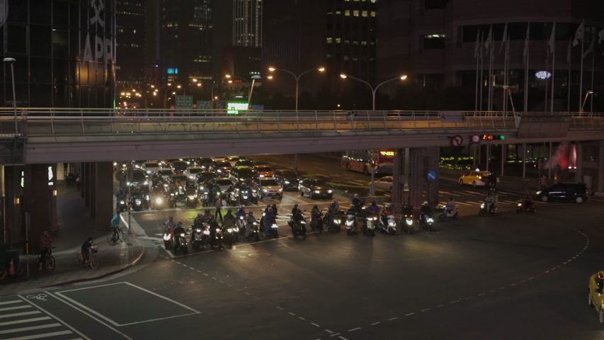 Busy Traffic Under Overpass in Modern City at Night, Taipei, Taiwan