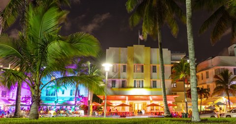Miami Beach, Florida, USA on Ocean Drive at sunset with famous colorful art deco buildings. timelapse video in 4K.