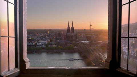 cologne city skyline timelapse from day to night aerial view