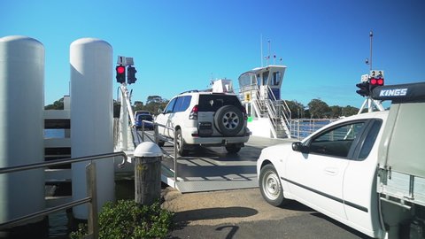 Raymond Island, Victoria / Australia - 01 03 2018: Vehicles driving onto the Raymond Island ferry linking Paynesville.