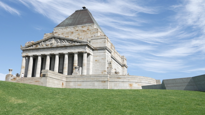Stunning aerial dolly shot of the Shrine of Remembrance in Melbourne, Australia.