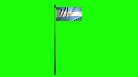 Argentina flag with flagpole on green screen. Argentinian flag pole waving on chroma key background. National symbol of the country and world flags concept. 3d animation in 4k