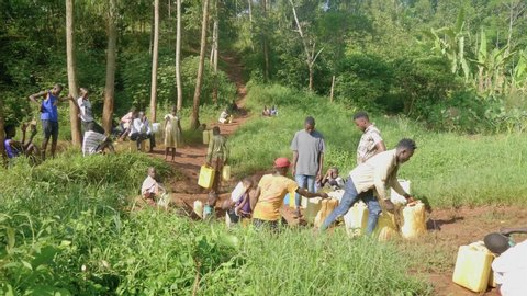 Jinja, Jinja district / Uganda - 01 08 2019: Jinja, Uganda January 2019 - Africans collecting and portaging water for daily use in Uganda